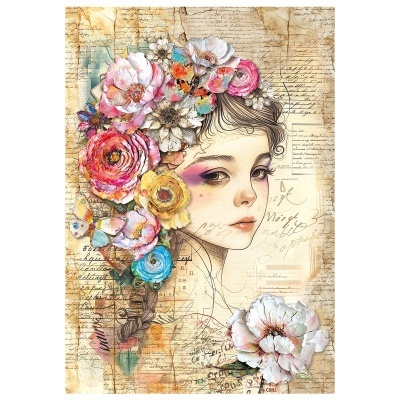 Desenho de rosto feminino com flores coloridas no cabelo e fundo com textos manuscritos