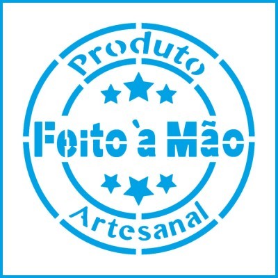Selo azul redondo com texto 'Produto Artesanal Feito à Mão' e estrelas