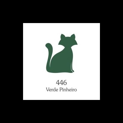 Desenho de gato verde com texto '446 Verde Pinheiro'