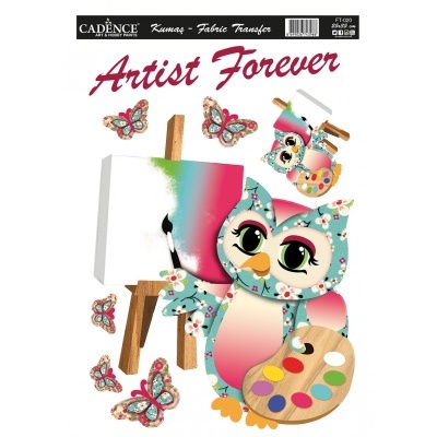 Folha decoração transfer para tecido com coruja artista, borboletas e tela de pintura colorida