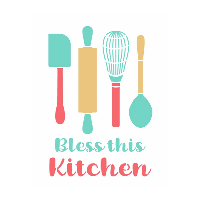 Utensílios de cozinha coloridos com texto 'Bless this Kitchen'