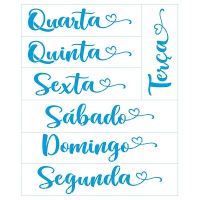 Nomes dos dias da semana escritos a azul com fonte cursiva e corações