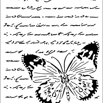 Stencil com desenho de borboleta e escrita manuscrita preta sobre fundo branco