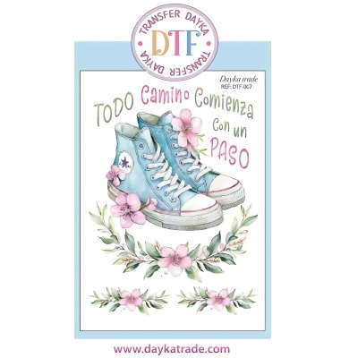 Transferência para tecido com ténis azuis, flores rosas e texto em espanhol