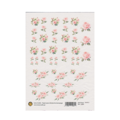 Folha de papel para decoupage com flores rosa e texto na parte inferior
