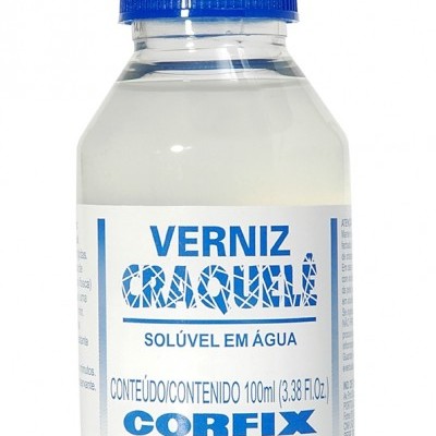 Frasco plástico transparente com tampa azul e rótulo branco de verniz craquelê