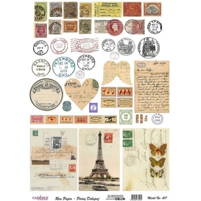 Selos postais antigos, carimbos, postais com Torre Eiffel e borboletas, estilo vintage