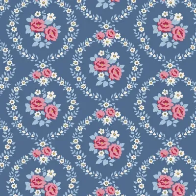 Tecido azul com padrão floral de rosas cor-de-rosa e flores brancas em círculo.