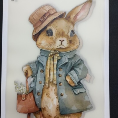 Ilustração de coelho vestido com casaco azul, chapéu castanho e bolsa castanha com flores