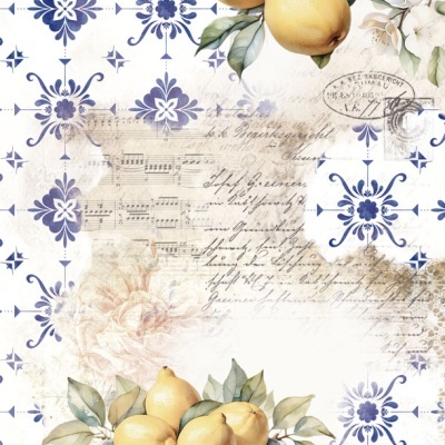 Papel decorativo com padrão azulejos azuis, flores, escrita e limões