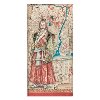 Pano com ilustração de samurai em quimono vermelho sobre fundo de mapa antigo