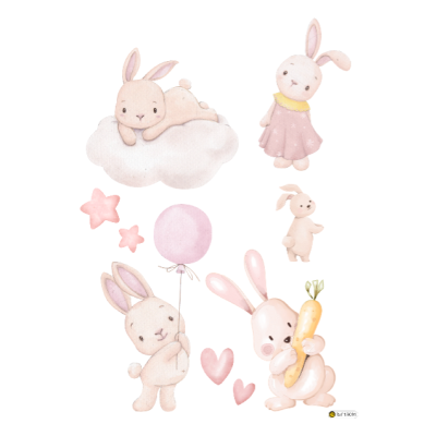 Desenhos infantis de coelhos cor de rosa e creme com estrela, balão e cenoura, fundo branco