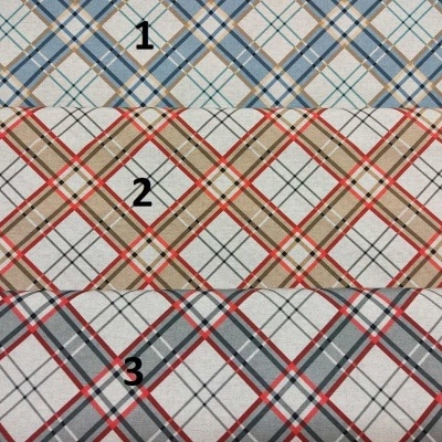 Três amostras de tecido xadrez em diferentes cores numeradas 1, 2 e 3