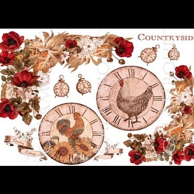 Relógios decorativos com galinha e galo, flores vermelhas e folhas secas