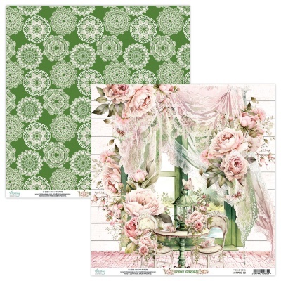 Folhas decorativas para scrapbook com padrões florais e rendas em verde e rosa