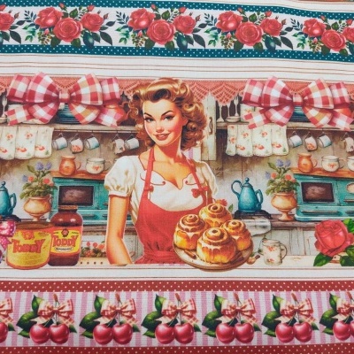 Pano decorativo vintage com mulher segurando pães doces e padrões florais e xadrez