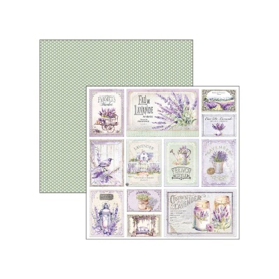Papel decorativo dupla face com padrão de bolinhas e ilustrações de lavanda