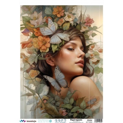 Mulher com flores e borboletas azuis em arte digital colorida