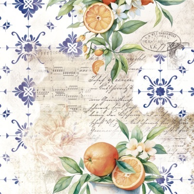 Padrão decorativo com azulejos azuis, laranjas, folhas verdes e flores brancas
