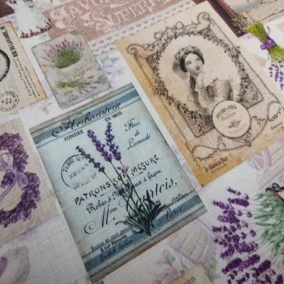 Tecido com padrão vintage e ilustrações e textos em francês