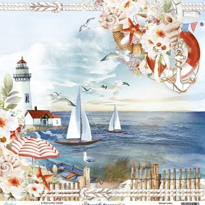 Cenário marítimo com veleiros, farol, flores e elementos náuticos decorativos