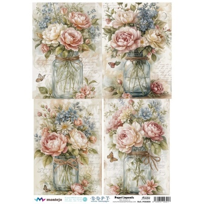 Quatro imagens de arranjos florais em frascos de vidro com laços em papel japonês.