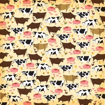 Padrão com vacas e porcos em fundo bege com flores