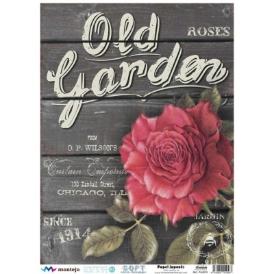 Papel japonês para decoupage com rosa vermelha e texto Old Garden em fundo de madeira escura