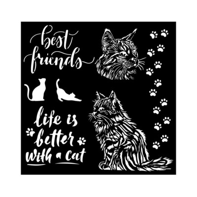 Desenho de gatos e pegadas brancas em fundo preto com textos em inglês