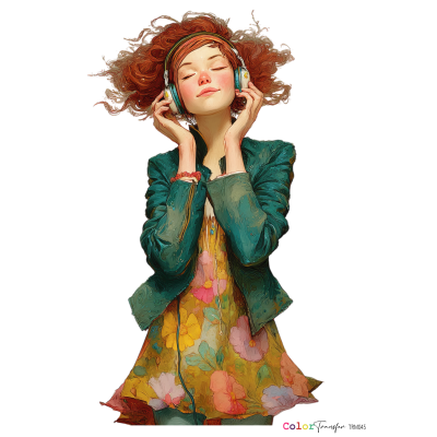 Jovem com cabelo ruivo usando auscultadores e vestido floral colorido