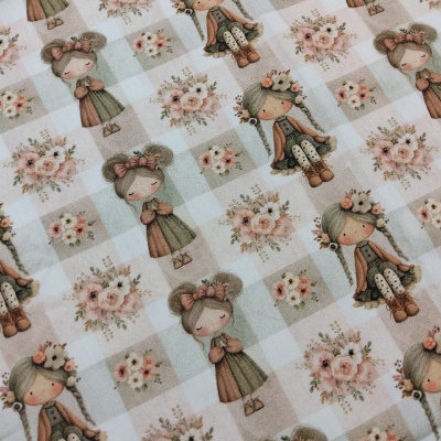 Tecido com padrão de bonecas e flores em quadrícula bege e branco