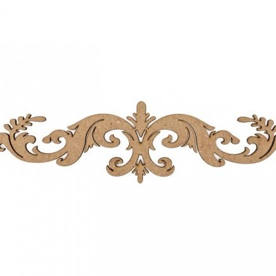 Ornamento decorativo de madeira castanho clara com design floral e curvas simétricas