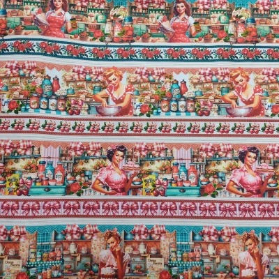 Tecido estampado com cenas vintage de mercearia e mulheres em faixas horizontais coloridas