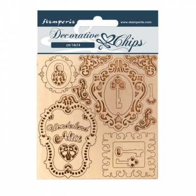 Conjunto de chips decorativos estampados em madeira com temas de Alice no País das Maravilhas