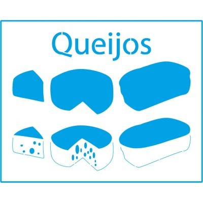 Ilustrações de vários tipos de queijo em azul com o texto 'Queijos'