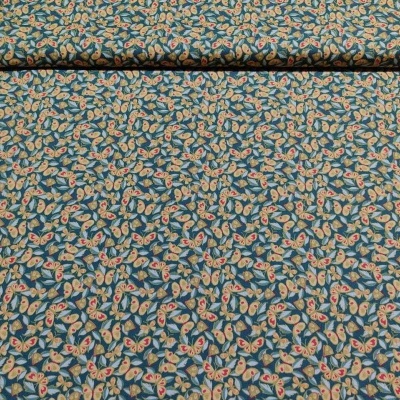 Tecido estampado com folhas amarelas e vermelhas em fundo verde