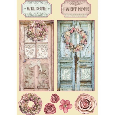 Portas decorativas cor-de-rosa e azul com coroas de flores e texto 'WELCOME' e 'SWEET HOME'