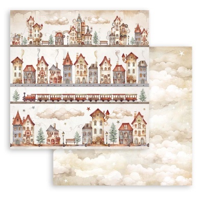 Papel decorativo com padrão de casas vintage, comboio e céu com nuvens e estrelas.