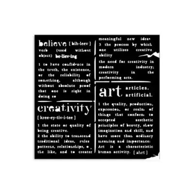 Texto branco sobre fundo preto com definições das palavras believe, creativity e art