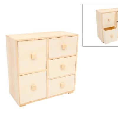 Móvel pequeno de madeira clara com seis gavetas