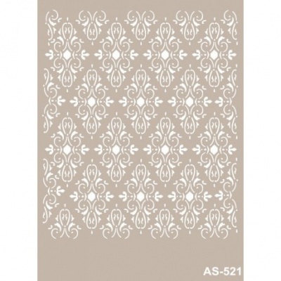 Stencil decorativo branco padrão simétrico sobre fundo bege com código AS-521