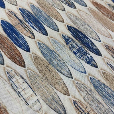Tecido com padrão geométrico de elipses em tons de azul, bege e castanho.