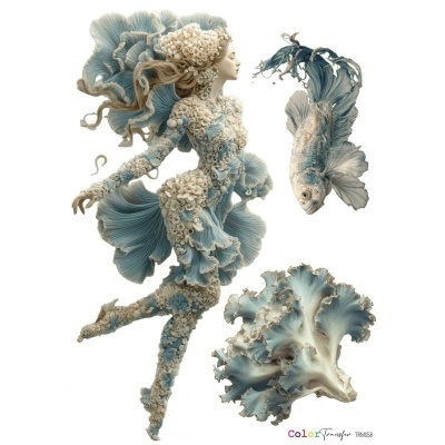 Escultura artística de mulher feita com elementos de coral azul e bege, com peixe e planta marinha ao lado
