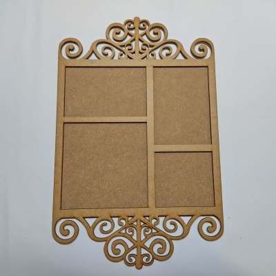 Moldura MDF cru com três divisórias e elementos decorativos em arabescos