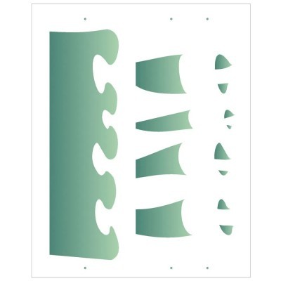 Stencil recortado verde e branco com várias formas arredondadas em fundo branco