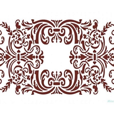 Stencil decorativo com padrão barroco castanho e texto Mnx-008