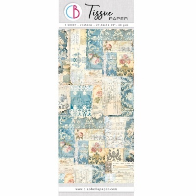 Folha de papel tissue com padrão vintage azul e bege decorado com flores e textos.