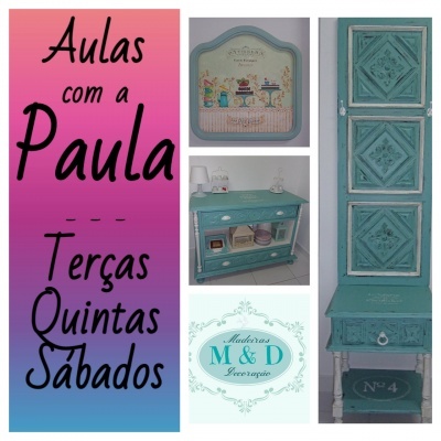Conjunto de imagens com placa de aulas, móveis azuis esverdeados decorativos e logotipo Madeiras M & D