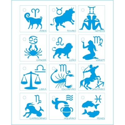 Símbolos azuis dos signos do zodíaco em quadrados brancos com nomes em português