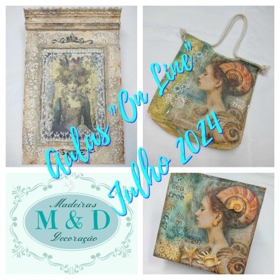 Objetos decorativos vintage com imagens femininas e texto promocional